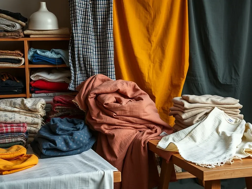 fabric materials and clothes on tables