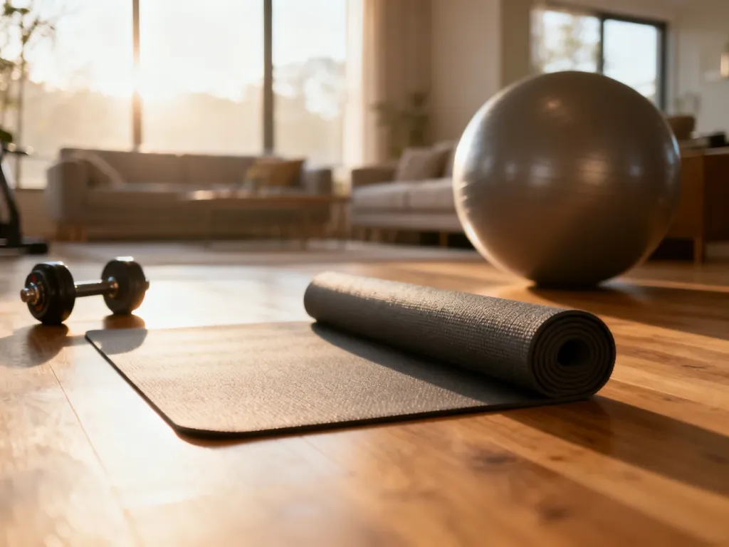 Mata do ćwiczeń, hantle i piłka fitness przygotowane do treningu brzucha w domowym zaciszu.