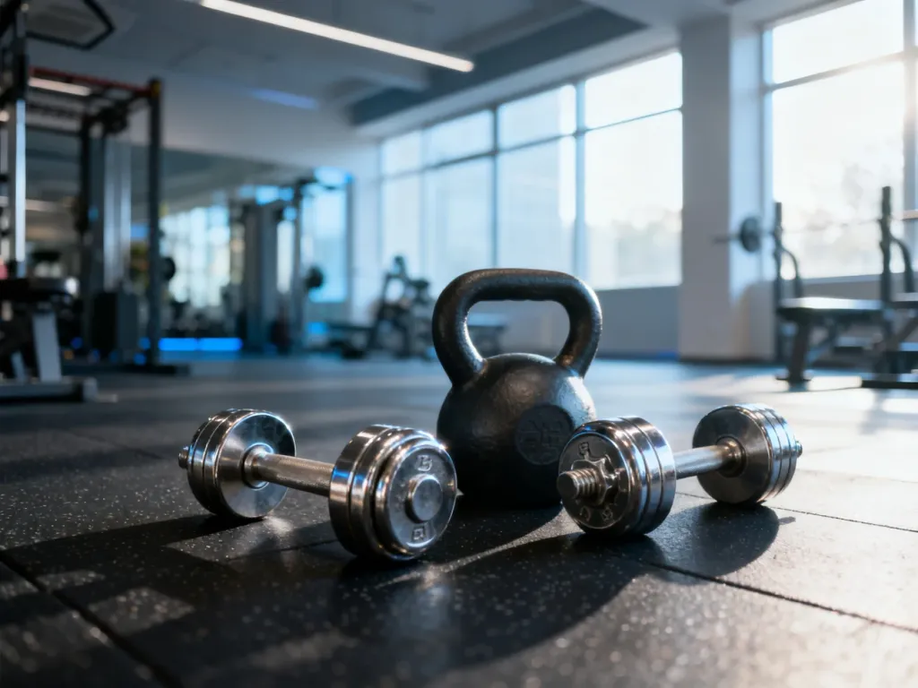 Profesjonalny zestaw hantli i kettlebell na podłodze siłowni, zachęcający do rozpoczęcia treningu siłowego.