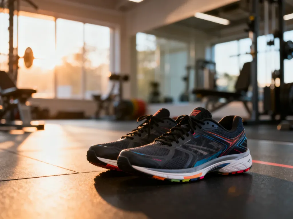Profesjonalne buty sportowe na podłodze siłowni w promieniach porannego słońca, zachęcające do treningu cardio.