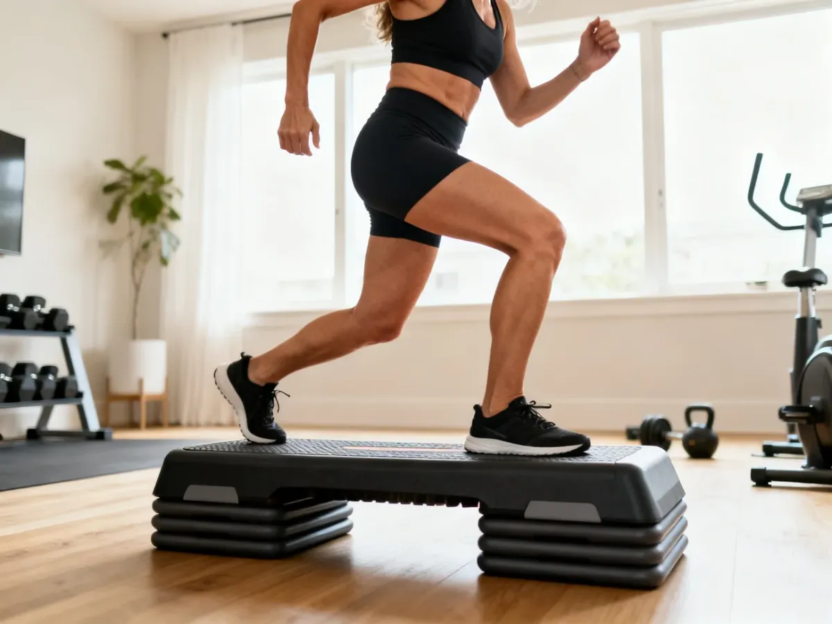 Kobieta wykonująca ćwiczenia cardio na stepie w domowej siłowni