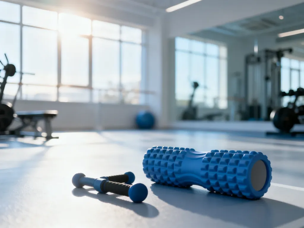 Sprzęt do masażu sportowego i roller na podłodze w nowoczesnej siłowni, symbolizujące skuteczną regenerację po treningu.