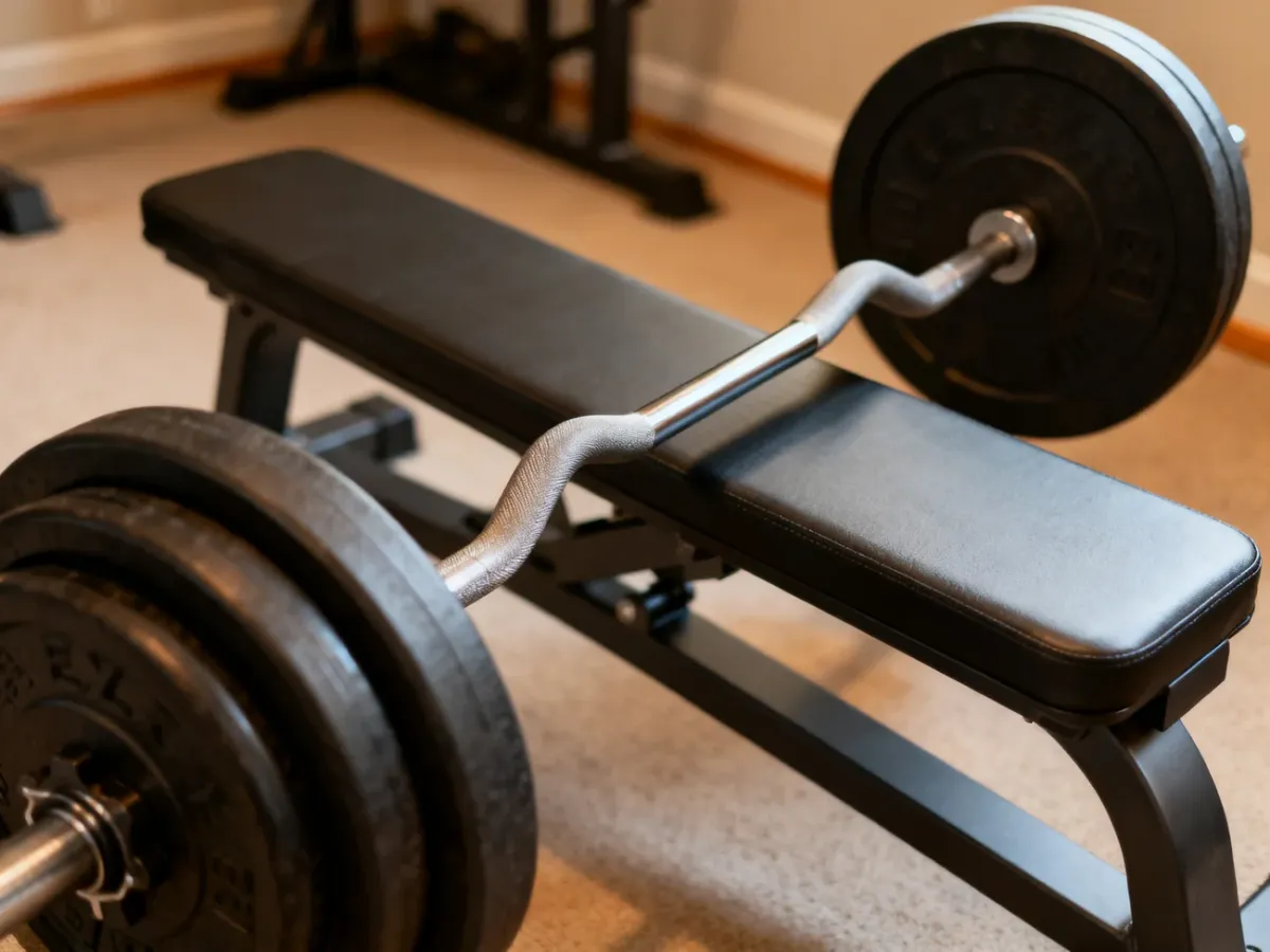 Łamana sztanga EZ przygotowana do ćwiczeń na biceps w domowej siłowni
