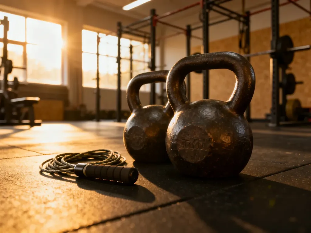 Profesjonalne odważniki kettlebell i skakanka na podłodze siłowni, gotowe do treningu wytrzymałościowego.