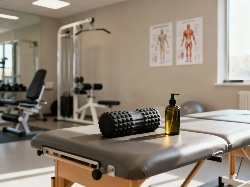 Nowoczesny gabinet fizjoterapii ze stołem do masażu, wałkiem i olejkami, przygotowany do profesjonalnej rehabilitacji.