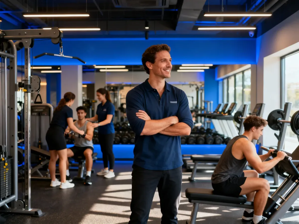 Właściciel nowego klubu fitness obserwujący pracę zespołu i treningi klientów