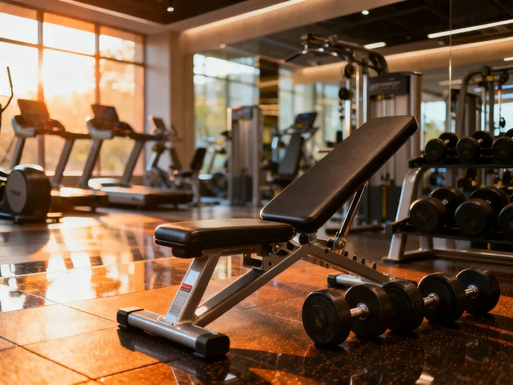 Nowoczesne wnętrze profesjonalnego klubu fitness z uporządkowanym sprzętem do ćwiczeń siłowych w słonecznym świetle.