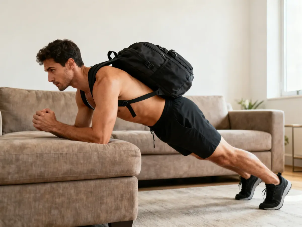 Hip thrust wykonywany na kanapie z obciążonym plecakiem
