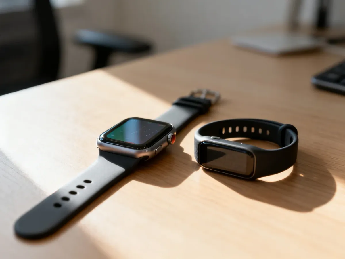 Nowoczesny smartwatch i opaska sportowa leżące obok siebie na drewnianym biurku, gotowe do porównania funkcji.