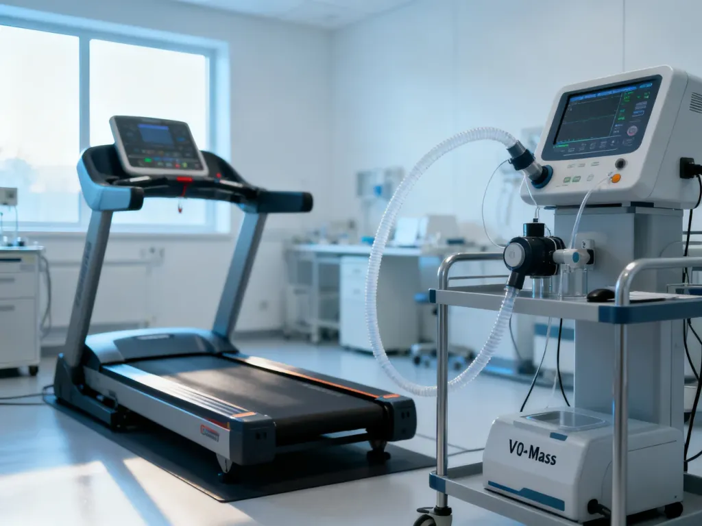 Profesjonalne laboratorium sportowe z bieżnią i sprzętem do pomiaru wydolności tlenowej (VO2 max).