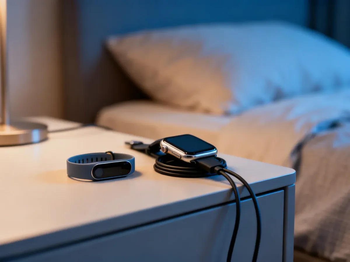 Smartband i smartwatch obok ładowarek na stoliku nocnym